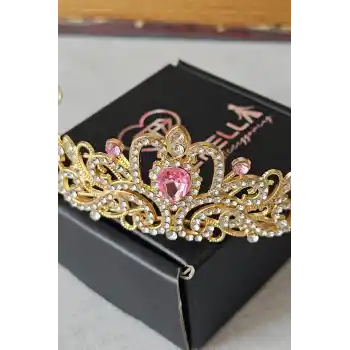Pembe Kristal Taşlı Zirkon İşlemeli Prenses Gelin Tacı - Düğün Kına Nikah Nişan Söz Doğum Günü Taç