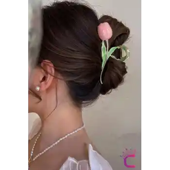 Pembe Lale Çiçekli Tasarım Büyük Kadın Metal Mandal Toka 11.5cm - Zarif Mandallı Saç Topuz Tokası