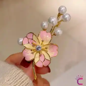 Pembe Sarı Çiçekli Beyaz İncili Zirkon Taşlı Kadın Broş - Hediyelik Elbise Ceket Yaka İğnesi Rozet