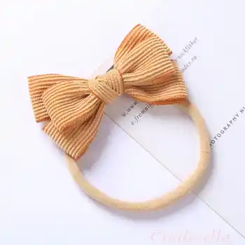 Yumuşak Rahat Çizgili Fiyonklu Bebek Bandana Bej Kahve - Kız Çocuk Kurdeleli Yenidoğan Saç Bandanası