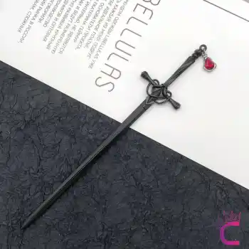 Red Rhine-Stone Taşlı Sallantılı Siyah Kılıç Tasarım Metal Saç Topuz Tokası 20cm - Çubuk Topuz Toka