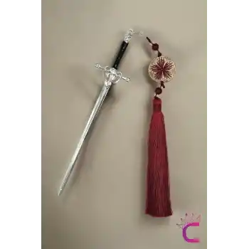 Sallantılı Bordo Püsküllü Kılıç Tasarım Metal Saç Topuz Tokası 20cm - Gümüş Vintage Çubuk Topuz Toka