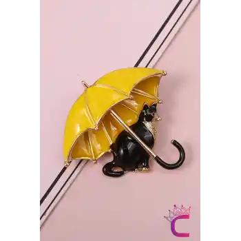 Sarı Şemsiyeli Siyah Kedi Tasarım Broş - Kedili Hediyelik Elbise Ceket Yaka İğnesi Broşu