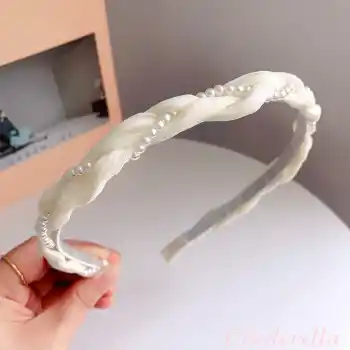 Sarmaşık İnci Tasarım Yumuşak Kadın Tacı Krem - İncili Hafif Esnek Taç Saç Bandı