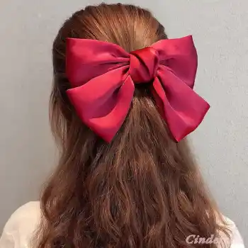 Saten Klasik Model Büyük Fiyonk Otomatik Toka Kırmızı - Zarif Fiyonklu Kurdele Kadın Saç Tokası