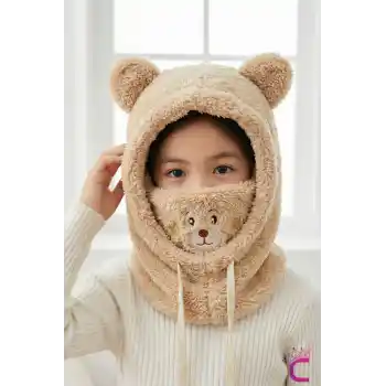Sevimli Ayıcıklı Yumuşak Peluş Bere Boyunluklu Şapka Atkı Bir Arada Bej 3-12 Yaş Kışlık Hediyelik