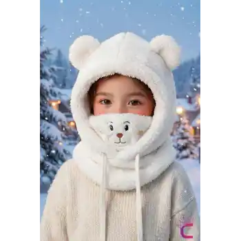 Sevimli Ayıcıklı Yumuşak Peluş Bere Boyunluklu Şapka Atkı Bir Arada Beyaz 3-12 Yaş Kışlık Hediyelik