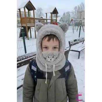 Sevimli Ayıcıklı Yumuşak Peluş Bere Boyunluklu Şapka Atkı Bir Arada Gri 3-12 Yaş Kışlık Hediyelik