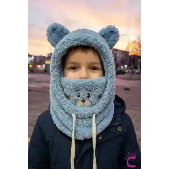 Sevimli Ayıcıklı Yumuşak Peluş Bere Boyunluklu Şapka Atkı Bir Arada Mavi 3-12 Yaş Kışlık Hediyelik