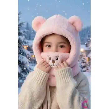 Sevimli Ayıcıklı Yumuşak Peluş Bere Boyunluklu Şapka Atkı Bir Arada Pembe 3-12 Yaş Kışlık Hediyelik