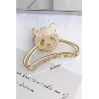 Sevimli Panda Model Kadın Gold Metal Mandal Toka - Orta Boy Sıkı Toplayan Lüks Mandal Saç Tokası