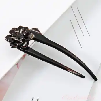 Siyah Flower Fransız El Yapımı Lüks Kemik Topuz Tokası - Çubuk Saç Topuz Tokası - Topuz Çubuğu