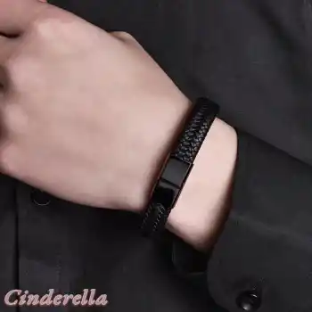 Siyah Hasır Örgü Deri Bileklik Kilitli Model