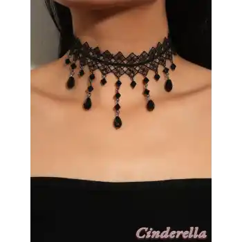 Siyah Kristal Taşlı Çiçekli Dantel Kolye - Chokers Vintage Stil Kadın Gotik Kolye
