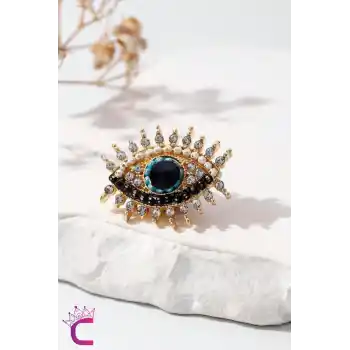 Siyah Zümrüt Taşlı Nazar Boncuklu Göz Tasarım Broş - Kadın Hediyelik Ceket Yaka İğnesi Broş Aksesuar