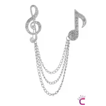 Sol Anahtarı Müzik Notası Zirkon Taşlı Zincirli Broş Gümüş - Damat Yaka Zinciri Ceket Kıyafet İğnesi