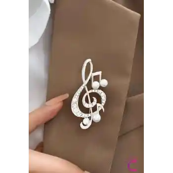 Sol Anahtarı Zirkon Taşlı İncili Broş Gümüş Renk- Hediyelik Müzik Öğretmen Elbise Ceket Yaka İğnesi