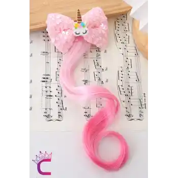 Unicorn Fuşya Pullu Kız Çocuk Saç Postiş Toka - Hediyelik Takma Saç Aksesuar At Kuyruğu Pens Toka