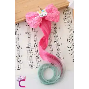 Unicorn Fuşya Pullu Kız Çocuk Saç Postiş Toka - Hediyelik Takma Saç Aksesuar At Kuyruğu Pens Toka