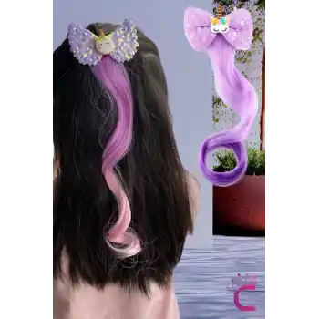 Unicorn Lila Pullu Kız Çocuk Saç Postiş Toka - Hediye Çocuk Takma Saç Aksesuar At Kuyruğu Pens Toka