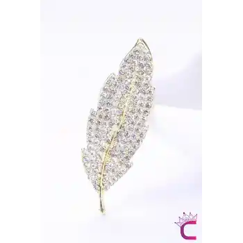 Yaprak Tasarım Kristal Taşlı Kadın Broş Gold - Özel Günler Hediyelik Elbise Ceket Yaka İğnesi Broşu