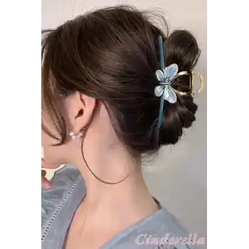 Yeni Trend Kadın Mavi Gold Kelebek Detaylı Şık Metal Mandal Toka - Lüks Mandal Saç Tokası