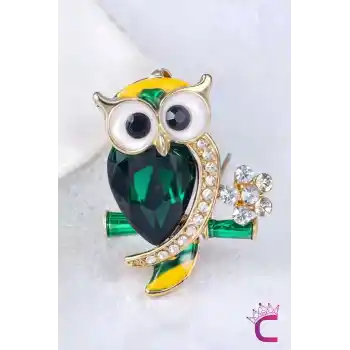Yeşil Zümrüt Taşlı Kristal Çiçekli Tasarım C Baykuş Broş - Çanta Elbise Ceket Yaka İğnesi Broş