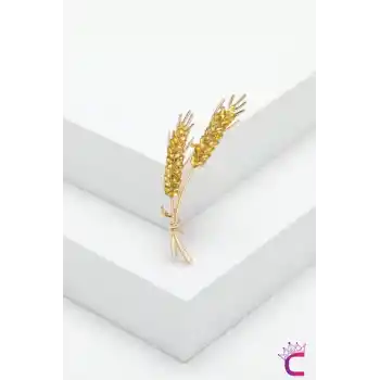 Zarif Buğday Başağı Tasarım Taşlı Kadın Broş Gold - Hediyelik Elbise Ceket Yaka İğnesi Rozet