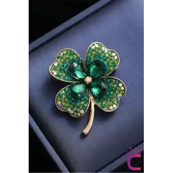Zarif Çiçekli Kristal Taşlı Yeşil Yonca Tasarım Kadın Broş - Hediyelik Elbise Yaka İğnesi Broşu