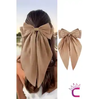 Zarif Kadın Büyük Otomatik Saten Fiyonk Toka Bej Renkli - Kurdeleli Fiyonklu Klipsli Saç Tokası