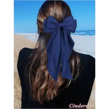 Zarif Kadın Saten Büyük Fiyonk Otomatik Toka Lacivert - Kurdele Fiyonklu Klipsli Saç Tokası