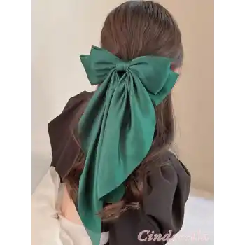 Zarif Kadın Saten Büyük Fiyonk Otomatik Toka Yeşil - Kurdele Fiyonklu Klipsli Saç Tokası