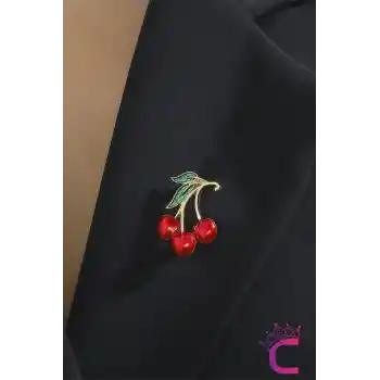 Zarif Kiraz Tasarım Kadın Broş - Hediyelik Çiçek Aksesuar Elbise Çanta Ceket Yaka İğnesi Broş Rozeti