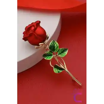 Zarif Kırmızı Gül Tasarım Çiçekli Kadın Broş Hediyelik Sevgililer Günü Hediyesi Yaka İğnesi Broşu