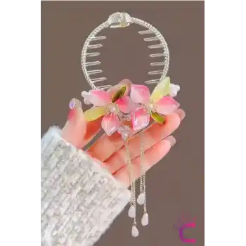 Zarif Pembe Yeşil Çiçekli İncili Taşlı Kadın Sallantılı Yaylı Saç Topuz Tokası Metal Gold