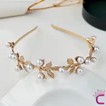 Zarif Yaprak İnci Detaylı Helen Gelin Tacı Saç Bandı Gold - Düğün Nişan Nikah Söz Saç Aksesuarı