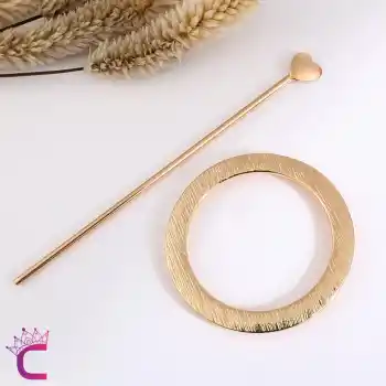 Zarif Yuvarlak Kalpli Çubuk Tasarım Kadın Gold Metal Topuz Tokası - Topuz Toka Çubuk Toka Saç Çubuğu