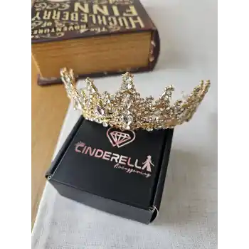 Zirkon Taş İşlemeli Kraliçe Prenses Gelin Tacı Gold - Kristal Taşlı Düğün Nişan Nikah Söz Aksesuar