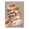 10lu Kalpli Ayıcıklı Çiçekli Kız Çocuk Pens Toka Seti Kahve Tonlu - Örgü Çıtçıtlı Klips Saç Tokası
