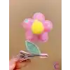 2li 3D Boyutlu Pembe Sarı Ponponlu Pullu Çiçekli Yeşil Yapraklı Sallanan Pens Toka Seti Saç Tokası