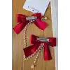 2li İncili Sallantılı Kırmızı Fiyonk Pens Toka Seti - Zarif Kız Çocuk Kurdeleli Fiyonklu Saç Tokası