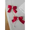 2li İncili Sallantılı Kırmızı Fiyonk Pens Toka Seti - Zarif Kız Çocuk Kurdeleli Fiyonklu Saç Tokası