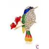 Çiçekli Dal Üstünde Kadın Zirkon Taşlı Renkli Serçe Kuş Broş - Hediyelik Elbise Ceket Yaka İğnesi