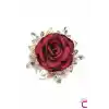 İncili Kristal Taşlı Kırmızı Kumaş Çiçek Gül Broş - Gold Yaprak Yaka Çiçeği İğnesi Aksesuar Hediyesi