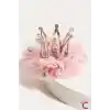 İncili Kristal Taşlı Pembe Tüllü Kraliçe Prenses Kız Çocuk Tacı - Parti Doğum Günü Pens Saç Tokası