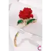 Kırmızı Gül Tasarım İncili Taşlı Kadın Broş - Sevgiliye Eşe Hediyelik Elbise Ceket Yaka İğnesi Broşu