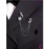 Müzik Notası Zirkon Taşlı Zincirli Broş Gümüş - Hediyelik Damat Yaka Zinciri Ceket Kıyafet İğnesi