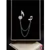 Müzik Notası Zirkon Taşlı Zincirli Broş Gümüş - Hediyelik Damat Yaka Zinciri Ceket Kıyafet İğnesi