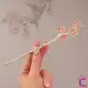 Pembe Çiçek Tomurcuk Tasarım Japon Topuz Çubuğu 18cm - Kadın Metal Saç Topuz Tokası Çubuk Toka