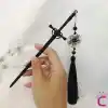 Sallantılı Siyah Püsküllü Kılıç Tasarım Metal Saç Topuz Tokası 20cm - Boho Gotik Çubuk Topuz Toka